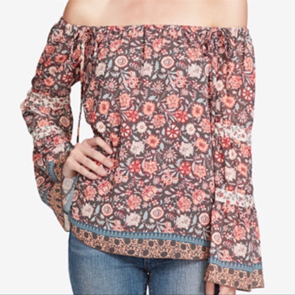 Jessica Simpson boho off the shoulder floral print blouse Sz L